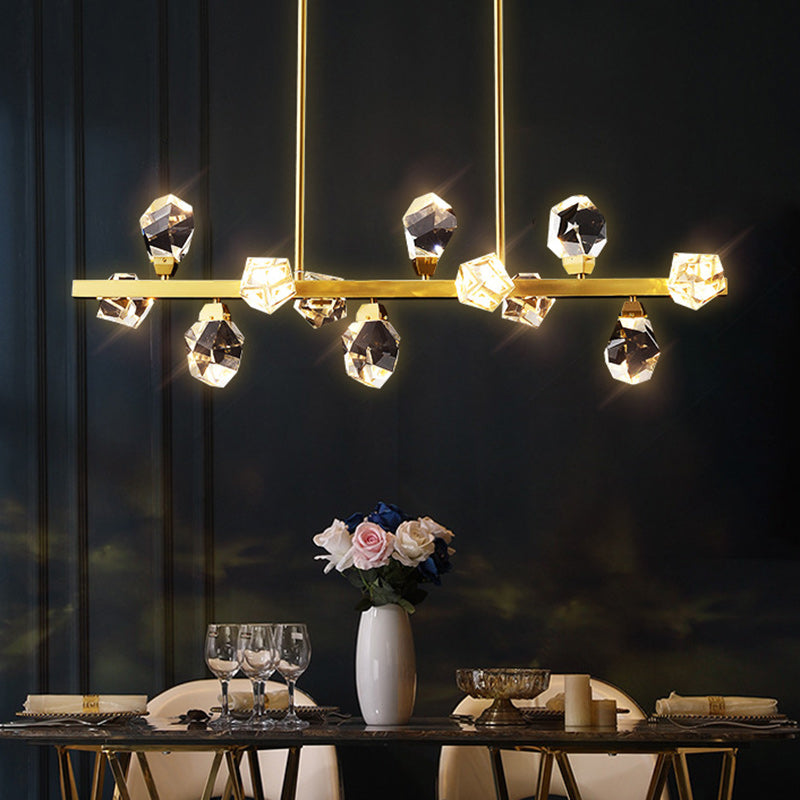 Contemporary Luxury Long Irregular Crystal Full Brass Frame LED Island Light Chandelier For Dining Room