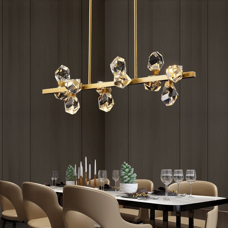 Contemporary Luxury Long Irregular Crystal Full Brass Frame LED Island Light Chandelier For Dining Room