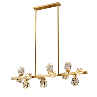 Contemporary Luxury Long Irregular Crystal Full Brass Frame LED Island Light Chandelier For Dining Room