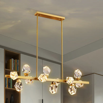 Contemporary Luxury Long Irregular Crystal Full Brass Frame LED Island Light Chandelier For Dining Room