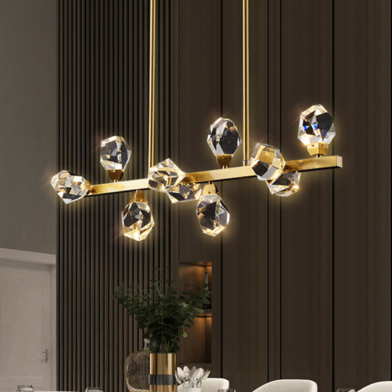 Contemporary Luxury Long Irregular Crystal Full Brass Frame LED Island Light Chandelier For Dining Room