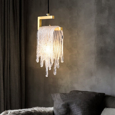 Contemporary Nordic Rectangular Waterfall Shape Copper Glass 1-Light Pendant Light For Bedroom