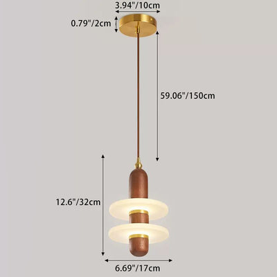 Traditional Japanese Cylinder Circle Wood Copper Acrylic LED Pendant Light For Bedroom