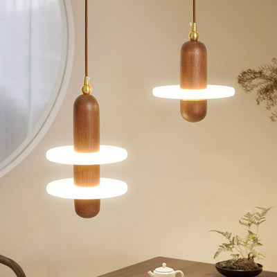 Traditional Japanese Cylinder Circle Wood Copper Acrylic LED Pendant Light For Bedroom