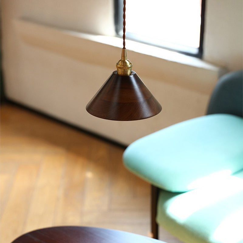 Traditional Japanese Round Cone Trapezoidal Copper Wood Shade 1-Light Pendant Light For Bedroom