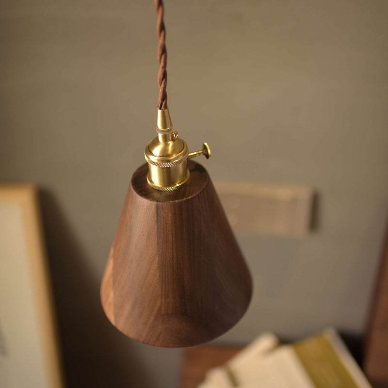 Traditional Japanese Round Cone Trapezoidal Copper Wood Shade 1-Light Pendant Light For Bedroom