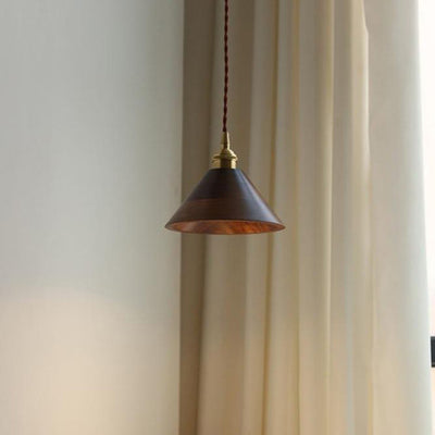 Traditional Japanese Round Cone Trapezoidal Copper Wood Shade 1-Light Pendant Light For Bedroom