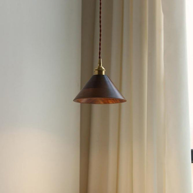 Traditional Japanese Round Cone Trapezoidal Copper Wood Shade 1-Light Pendant Light For Bedroom