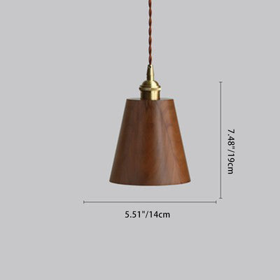 Traditional Japanese Round Cone Trapezoidal Copper Wood Shade 1-Light Pendant Light For Bedroom