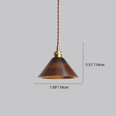 Traditional Japanese Round Cone Trapezoidal Copper Wood Shade 1-Light Pendant Light For Bedroom