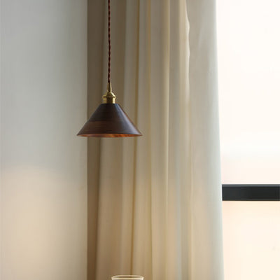 Traditional Japanese Round Cone Trapezoidal Copper Wood Shade 1-Light Pendant Light For Bedroom