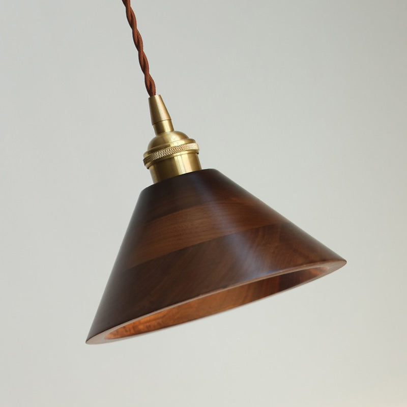 Traditional Japanese Round Cone Trapezoidal Copper Wood Shade 1-Light Pendant Light For Bedroom