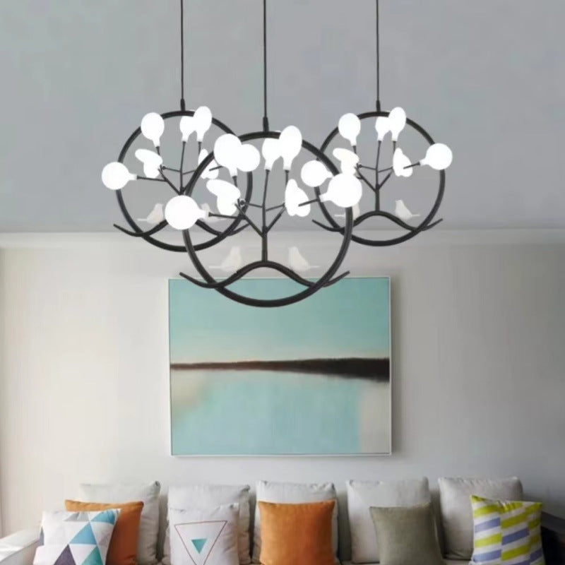 Contemporary Nordic Round Leaf Shape Bird Iron Frame Acrylic 9-Light Pendant Light For Living Room