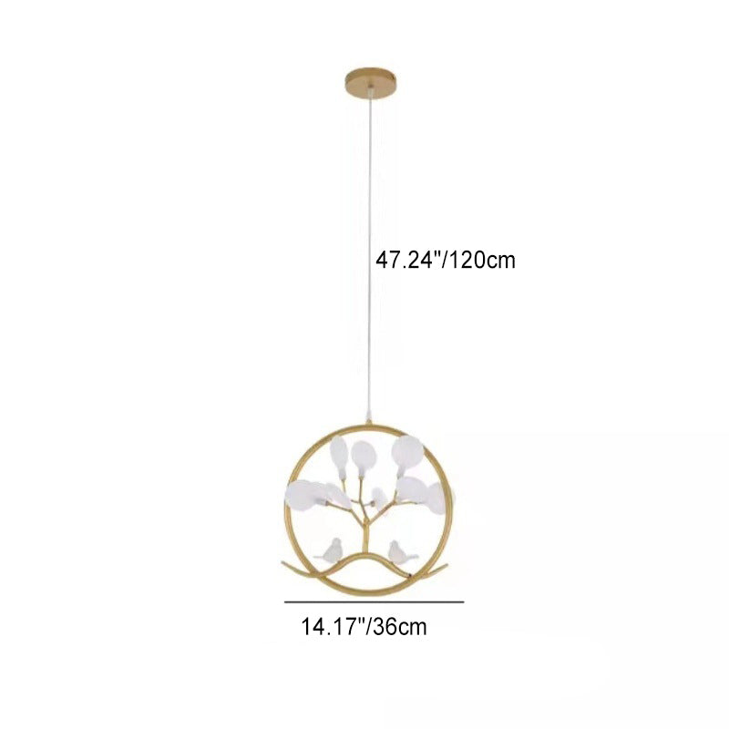 Contemporary Nordic Round Leaf Shape Bird Iron Frame Acrylic 9-Light Pendant Light For Living Room