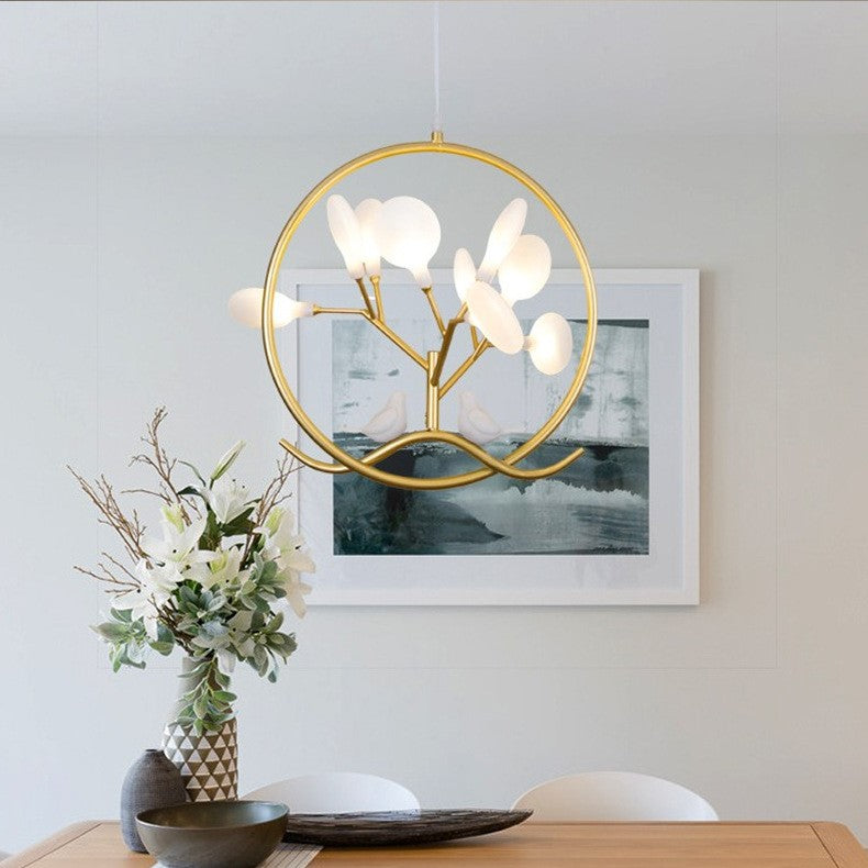 Contemporary Nordic Round Leaf Shape Bird Iron Frame Acrylic 9-Light Pendant Light For Living Room