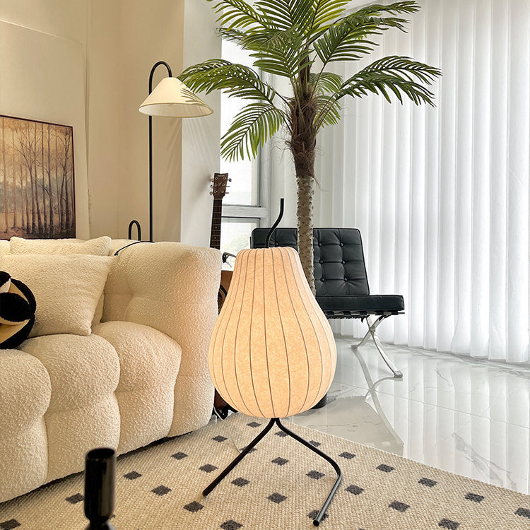 Traditional Japanese Pear Silk Shade Iron 1-Light Standing Floor Lamp For Living Room