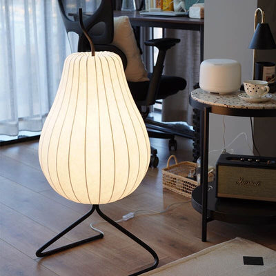 Traditional Japanese Pear Silk Shade Iron 1-Light Standing Floor Lamp For Living Room