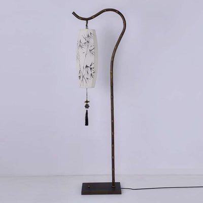 Traditional Chinese Fishing Rod Rectangular Lantern Bamboo Patterned Fabric Iron 1-Light Standing Floor Lamp For Living Room