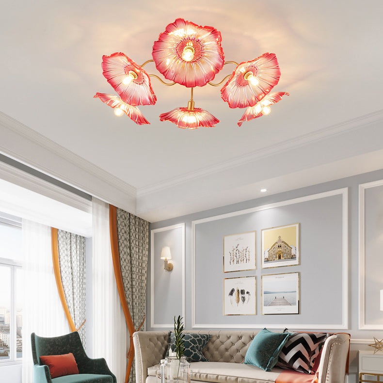 Modern Minimalist Branch Flower Copper Frame Glass Shade 3/5/6 Light Semi-Flush Mount Ceiling Light For Living Room