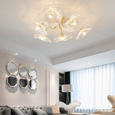 Modern Minimalist Branch Flower Copper Frame Glass Shade 3/5/6 Light Semi-Flush Mount Ceiling Light For Living Room