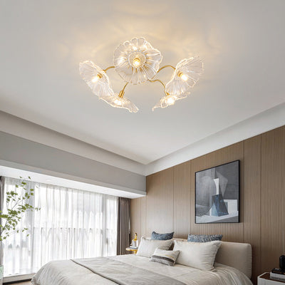 Modern Minimalist Branch Flower Copper Frame Glass Shade 3/5/6 Light Semi-Flush Mount Ceiling Light For Living Room