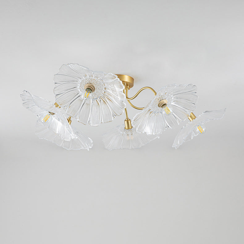 Modern Minimalist Branch Flower Copper Frame Glass Shade 3/5/6 Light Semi-Flush Mount Ceiling Light For Living Room