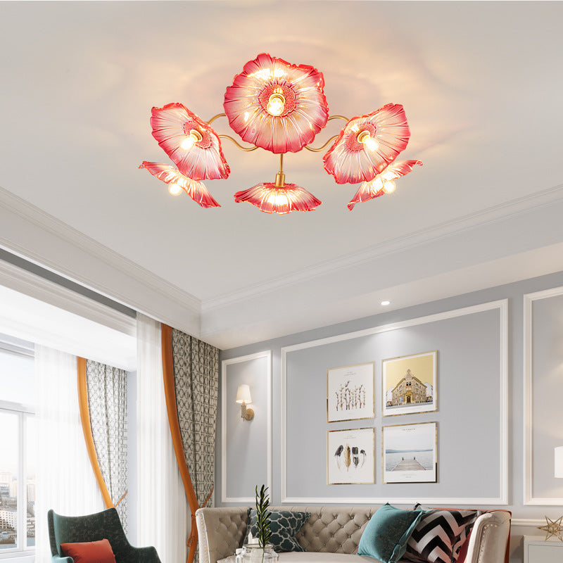 Modern Minimalist Branch Flower Copper Frame Glass Shade 3/5/6 Light Semi-Flush Mount Ceiling Light For Living Room