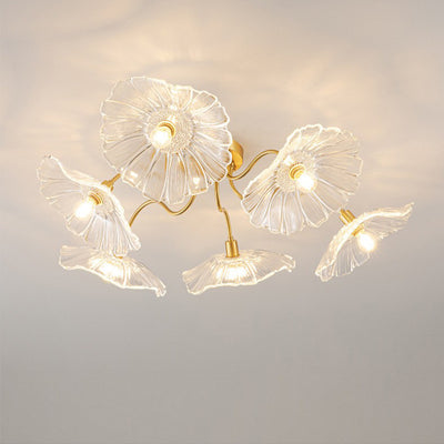 Modern Minimalist Branch Flower Copper Frame Glass Shade 3/5/6 Light Semi-Flush Mount Ceiling Light For Living Room