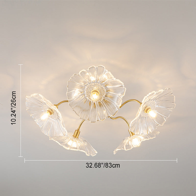 Modern Minimalist Branch Flower Copper Frame Glass Shade 3/5/6 Light Semi-Flush Mount Ceiling Light For Living Room