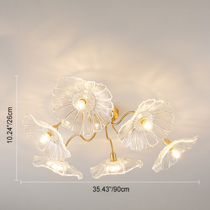 Modern Minimalist Branch Flower Copper Frame Glass Shade 3/5/6 Light Semi-Flush Mount Ceiling Light For Living Room