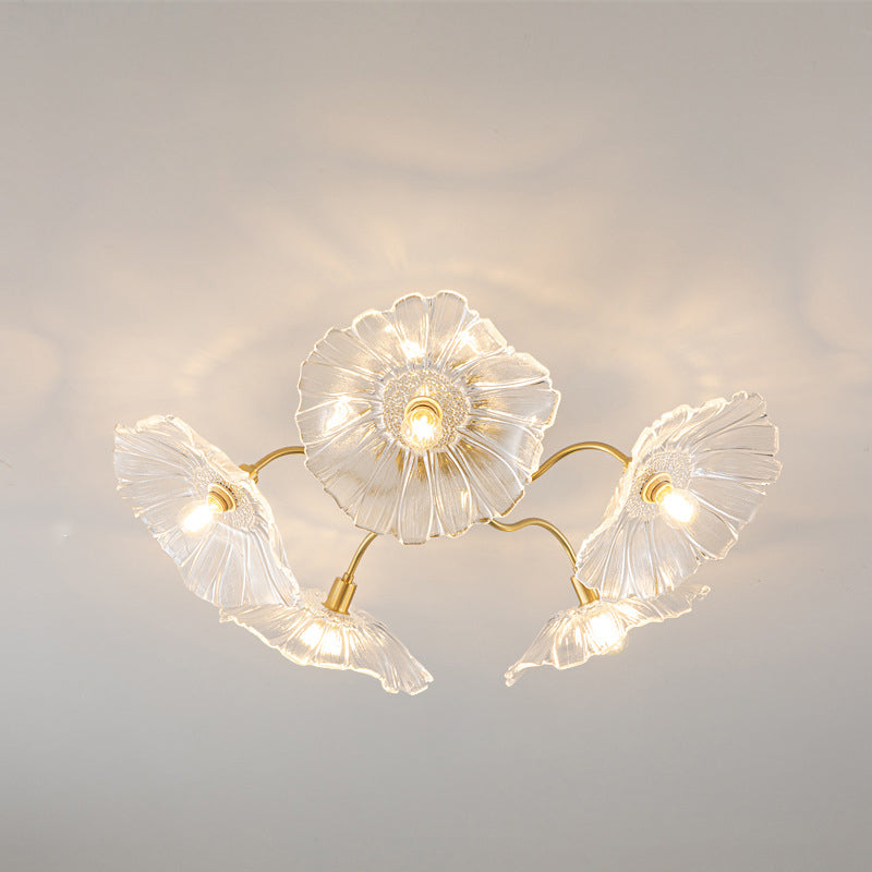 Modern Minimalist Branch Flower Copper Frame Glass Shade 3/5/6 Light Semi-Flush Mount Ceiling Light For Living Room