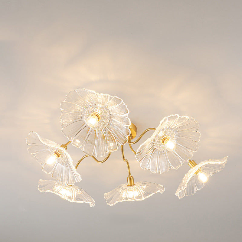 Modern Minimalist Branch Flower Copper Frame Glass Shade 3/5/6 Light Semi-Flush Mount Ceiling Light For Living Room