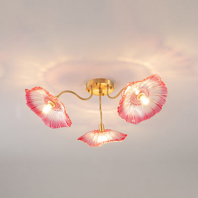 Modern Minimalist Branch Flower Copper Frame Glass Shade 3/5/6 Light Semi-Flush Mount Ceiling Light For Living Room