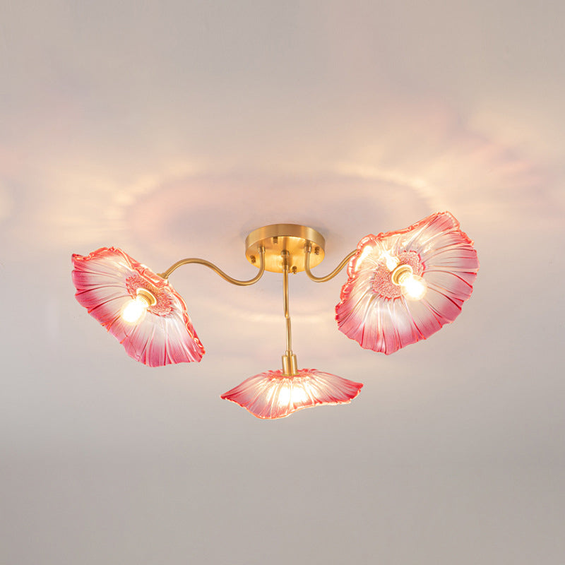 Modern Minimalist Branch Flower Copper Frame Glass Shade 3/5/6 Light Semi-Flush Mount Ceiling Light For Living Room