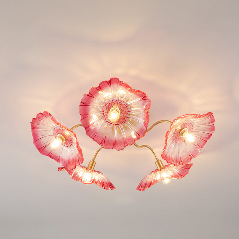 Modern Minimalist Branch Flower Copper Frame Glass Shade 3/5/6 Light Semi-Flush Mount Ceiling Light For Living Room