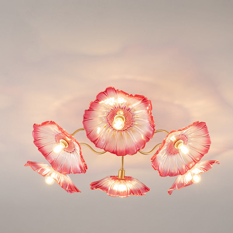 Modern Minimalist Branch Flower Copper Frame Glass Shade 3/5/6 Light Semi-Flush Mount Ceiling Light For Living Room