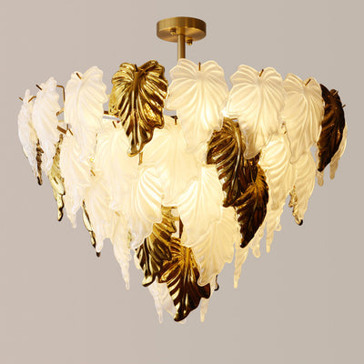 Traditional French Round Leaf Shape Glass Shade Iron 3/6/9/12 Light Chandelier For Living Room