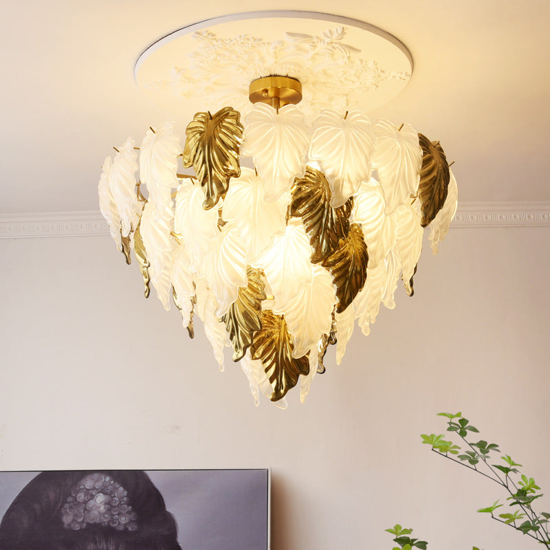 Traditional French Round Leaf Shape Glass Shade Iron 3/6/9/12 Light Chandelier For Living Room