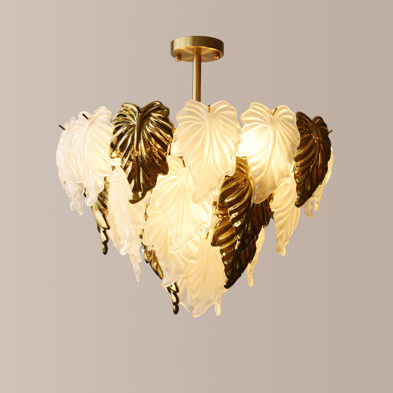 Traditional French Round Leaf Shape Glass Shade Iron 3/6/9/12 Light Chandelier For Living Room