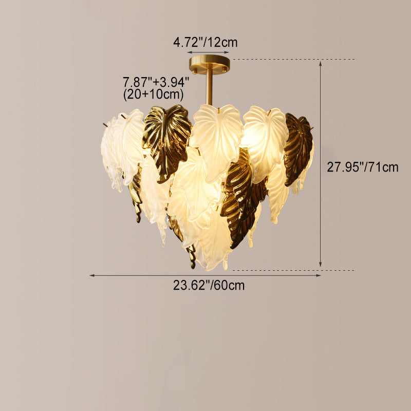 Traditional French Round Leaf Shape Glass Shade Iron 3/6/9/12 Light Chandelier For Living Room