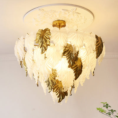 Traditional French Round Leaf Shape Glass Shade Iron 3/6/9/12 Light Chandelier For Living Room