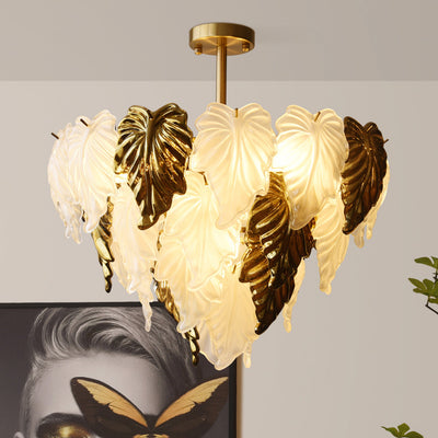 Traditional French Round Leaf Shape Glass Shade Iron 3/6/9/12 Light Chandelier For Living Room