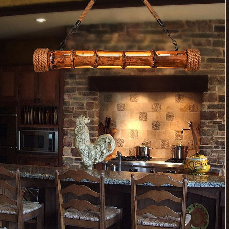 Traditional Rustic Round Bamboo Cylinder Hardware Hemp Rope LED Island Light Chandelier For Dining Room