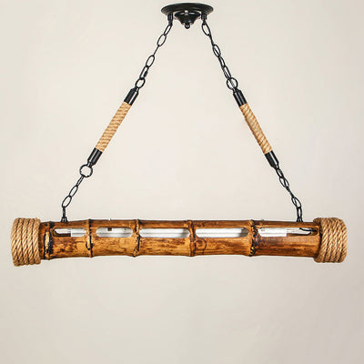 Traditional Rustic Round Bamboo Cylinder Hardware Hemp Rope LED Island Light Chandelier For Dining Room