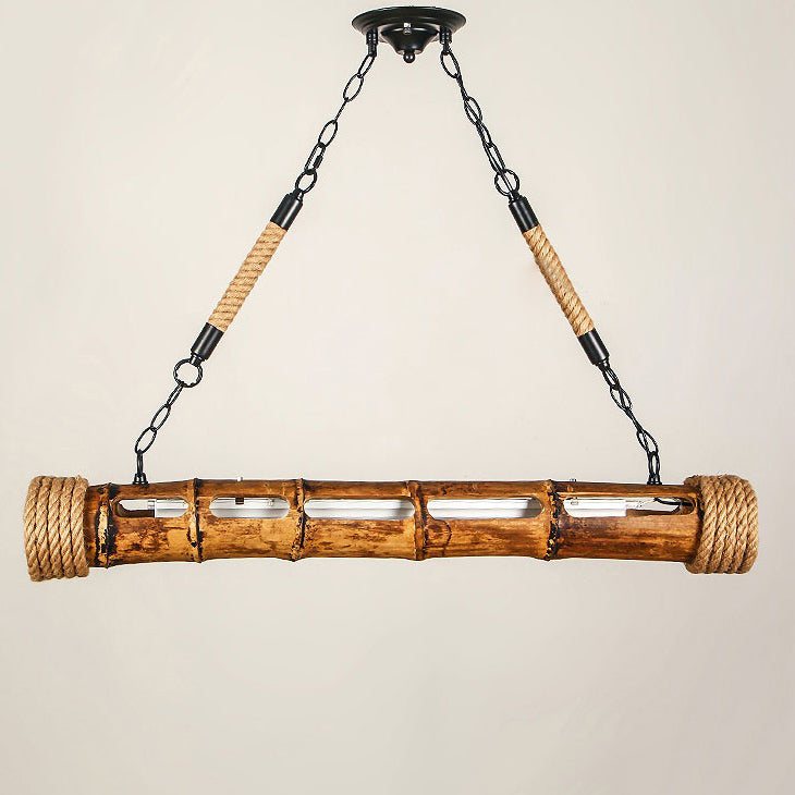 Traditional Rustic Round Bamboo Cylinder Hardware Hemp Rope LED Island Light Chandelier For Dining Room