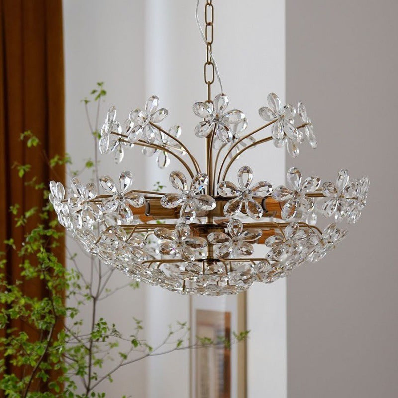 Traditional French Round Crystal Flower Copper 6/8 Light Chandelier For Living Room