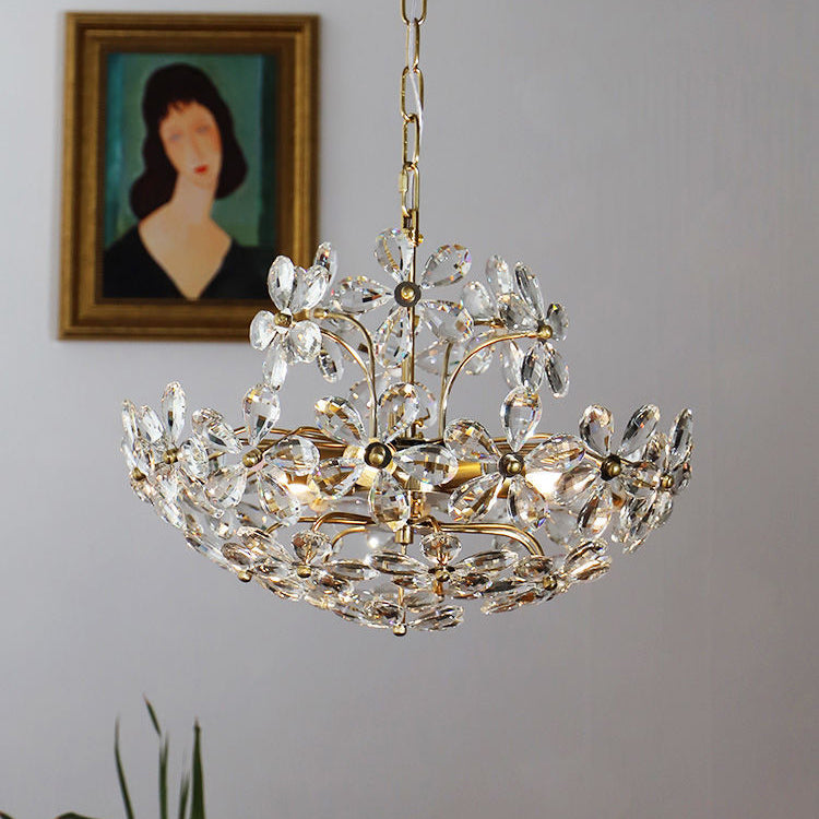 Traditional French Round Crystal Flower Copper 6/8 Light Chandelier For Living Room