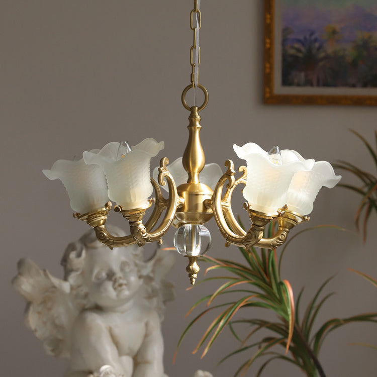 Traditional French Branch Curved Rod Floral All Brass Glass 3/5 Light Chandelier For Living Room