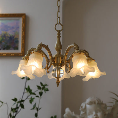 Traditional French Branch Curved Rod Floral All Brass Glass 3/5 Light Chandelier For Living Room