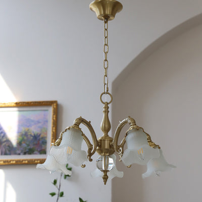 Traditional French Branch Curved Rod Floral All Brass Glass 3/5 Light Chandelier For Living Room